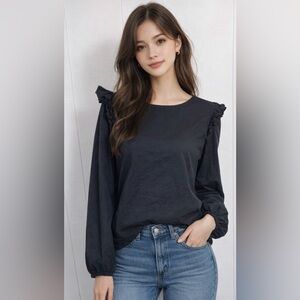 J.Crew Womens Cotton Poplin Blouse Top With Ruffles Black Size XS